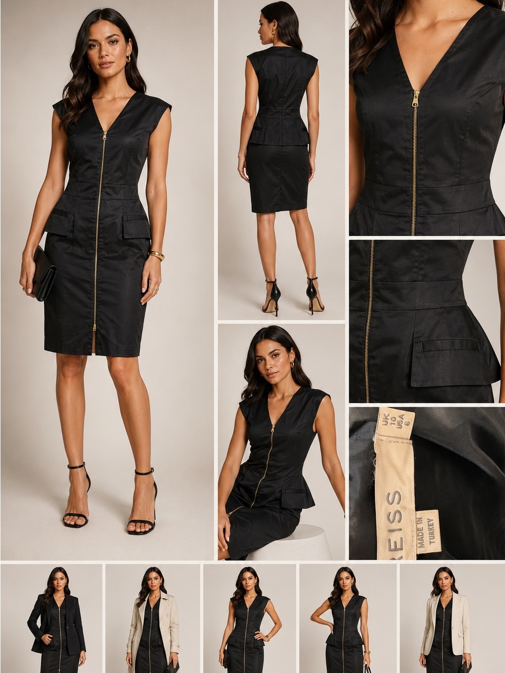 Reiss Chic Black Zip Front Sleeveless Dress with Pockets